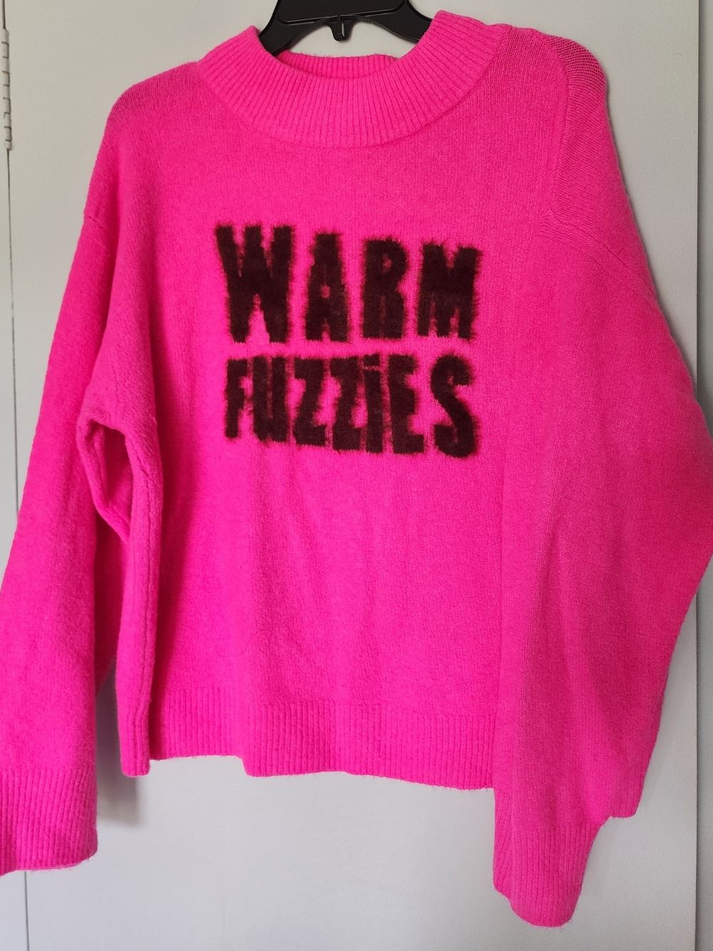 a new day Hot Pink Crewneck Sweater with Black 'WARM FUZZIES' Graphic
